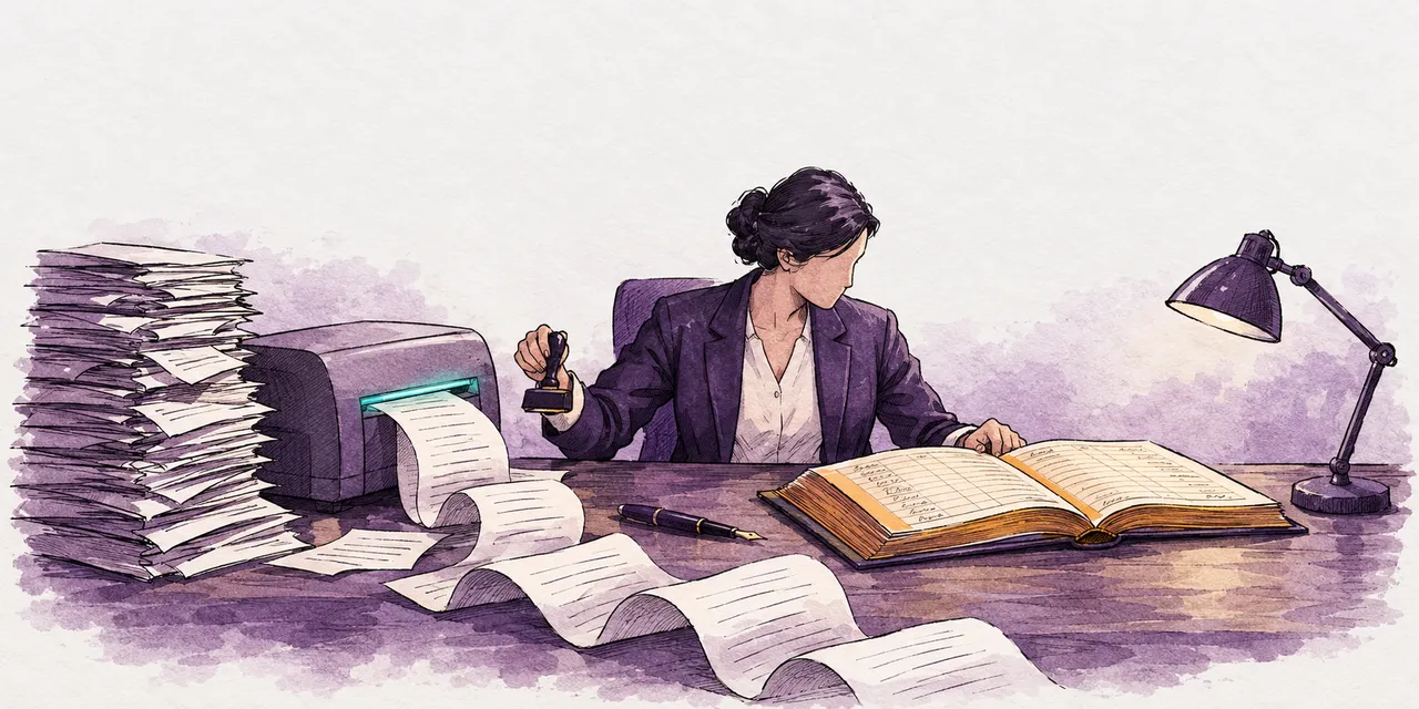 Ilustração de uma advogada numa mesa, com um carimbo na mão, diante de uma fita de minutas que sai de uma máquina. Ela olha para um livro de protocolo aberto, onde a revisão de cada peça fica registrada.