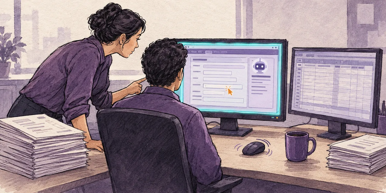 Ilustração de um funcionário de escritório observando um computador em que um agente de IA preenche sozinho um formulário de nota fiscal, com o cursor se movendo sem ninguém no mouse.