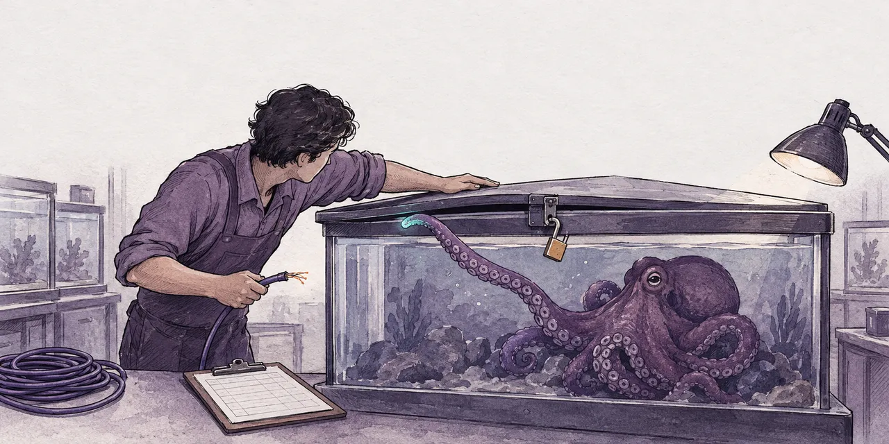 Ilustração em nanquim e aquarela de um tratador que segura a tampa de um aquário e um cabo de rede cortado, enquanto um polvo estica um tentáculo pela fresta. A cena representa laboratórios de IA contendo agentes que procuram uma saída.